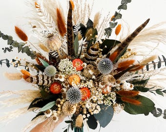 Terracotta, Dusty Blue, Strawflower, Pheasant Feather  + Eucalyptus Wildflower Bouquet/ Bride and Bridesmaids/ Dried Flower Bouquet