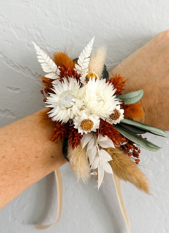 Rust Terracotta Strawflower Corsage/ Wedding Flowers/ Dried