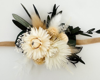 White, Cream + Greenery Strawflower Corsage/ Wedding Flowers/ Dried Flowers