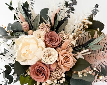 Dusty Rose, Mauve, Blush + Peony Bouquet/ Bride and Bridesmaids/ Dried Flower Bouquet/ Wedding Flowers/ Keepsake Bouquet