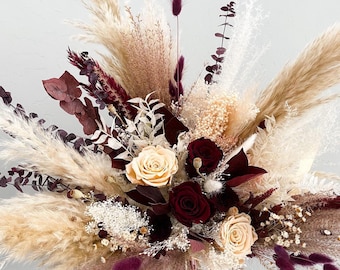 Burgundy + Blush Pampas Grass Bouquet/ Bride and Bridesmaids/ Dried Flower Bouquet/ Wedding Flowers