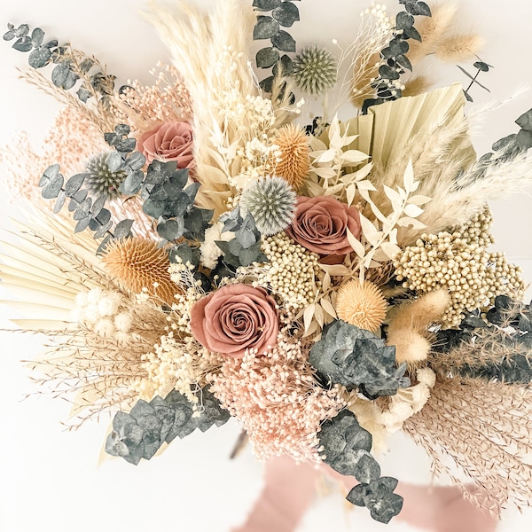 Dusty Rose + Dusty Blue Pampas Grass Bouquet/ Bride and Bridesmaids/ Dried Flower Bouquet/ Wedding Flowers