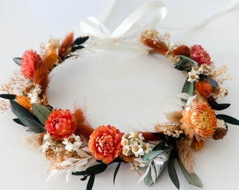 Orange, Terracotta, Strawflower + Eucalyptus Dried Flower Crown/ Wedding Hair/ Bride and Bridesmaids/ Flower Girl/ Photoshoot