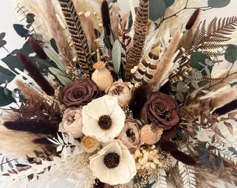 Dried Flower Bouquet: Brown Mocha, Anemone and Pheasant Feather Dried Floral Bouquet/ Bride and Bridesmaids/ Wedding Flowers