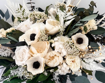 Dried and Preservd Black, White, and Greenery Anemone Bouquet/ Bride and Bridesmaids/ Dried Flower Bouquet/