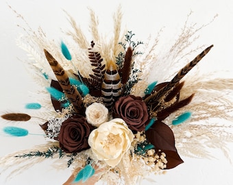 Mocha Brown Rose and Teal Turquoise Dried Flower Bouque/ Bridal Bouquet/ Wedding
