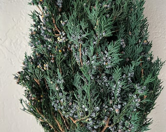 May include: A green juniper wreath with small, dark blue berries. The wreath is tied with twine and a green rubber band. The evergreen branches have a dense, textured appearance, creating a natural, rustic aesthetic. Suitable for seasonal decoration.