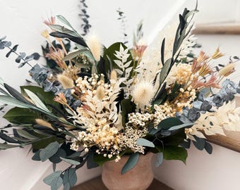 Dried Floral Arrangement: White, tan and greenery centerpiece , Home decor, Vase Arrangement, Farmhouse Flowers.