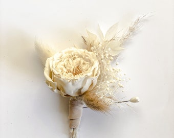 Preserved Small Garden Rose + Pampas Grass Boutonniere/ Wedding Flowers/ Groom and Groomsmen/ Dried Flowers