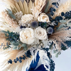 Dusty Blue + White Peony Pampas Grass Bouquet/ Bride and Bridesmaids/ Dried Flower Bouquet/ Wedding Flowers