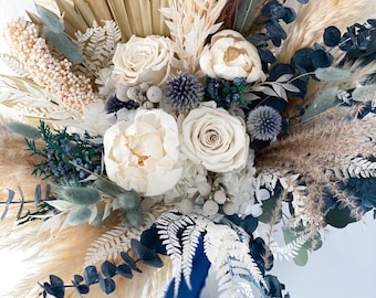 Dusty Blue + White Peony Pampas Grass Bouquet/ Bride and Bridesmaids/ Dried Flower Bouquet/ Wedding Flowers