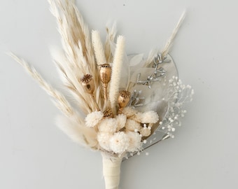 White, Gold + Silver Dried Flower Boutonniere/ Wedding Flowers/ Groom and Groomsmen/ Dried Flowers