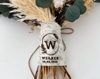 Custom Cowhide Bouquet Wrap | Genuine Leather Western Bridal Bouquet Holder | Laser Engraved Keepsake