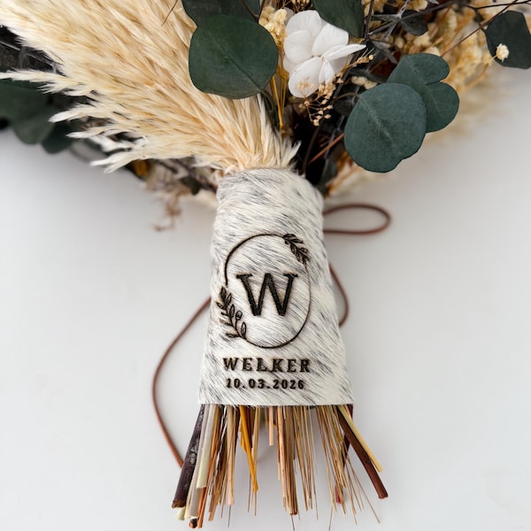 Custom Cowhide Bouquet Wrap | Genuine Leather Western Bridal Bouquet Holder | Laser Engraved Keepsake