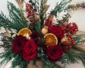 Dried Floral Arrangement, Cedar, Rose, Orange, Winter Berry, Vase Decor