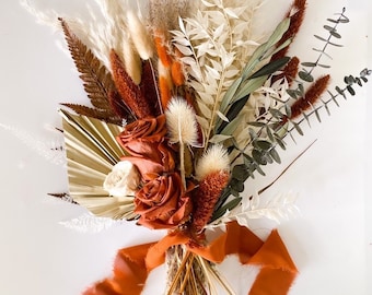 Small Olive + Rust Pampas Grass Bouquet/ Bride and Bridesmaids/ Dried Flower Bouquet/ Wedding Flowers