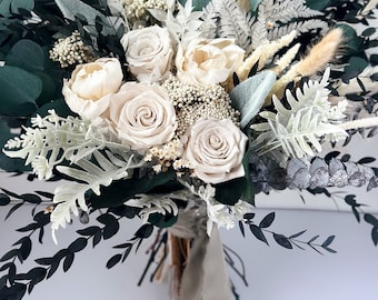 Sage + White Rose and Peony Dried Floral Bouquet/ Bride and Bridesmaids/ Dried Flower Bouquet/ Wedding Flowers