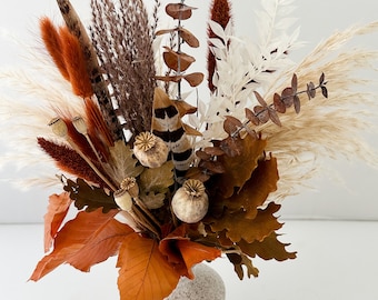 Fall Leaf and Pheasant Feather Dried Flower Bud Vase Centerpiece