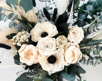 Dried Flower Bouquet: Black and White Dried Floral Bouquet/ Bride and Bridesmaids/Wedding Flowers