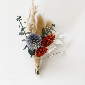 Dusty Blue + Rust Boutonniere/ Wedding Flowers/ Groom and Groomsmen