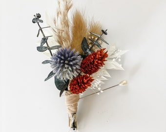 Dusty Blue + Rust and Pheasant Feather  Boutonniere/ Wedding Flowers/ Groom and Groomsmen