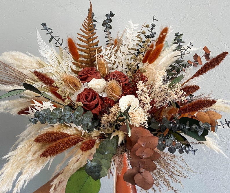 Rust, Terracotta Olive Dried Flower Pampas Grass Bouquet/ Bride and Bridesmaids/ Dried Flower Bouquet/ Wedding Flowers image 3