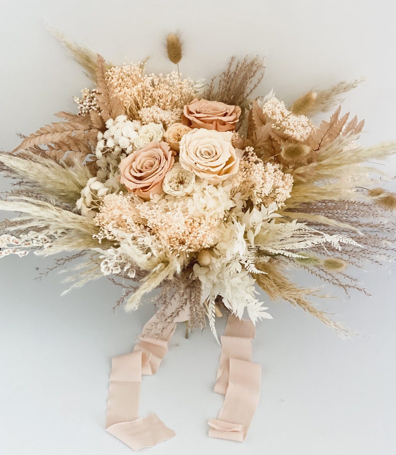 Toffee , Peach Blush Rose Bouquet/ Bride and Bridesmaids/ Dried Flower Bouquet/ Wedding Flowers image 2