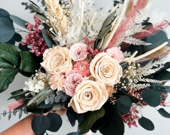 Blush Rose + Strawflower Everlasting  Bouquet/ Bride and Bridesmaids/ Dried Flower Bouquet/ Wedding Flowers