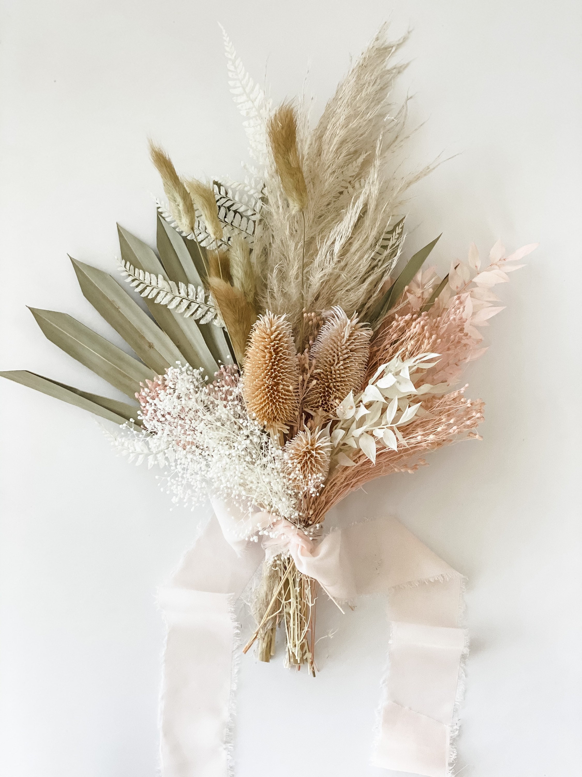 Pink Dream Peach Dried Flowers Bouquet / Preserved Daisy Rose Flowers  Bouquet / Wedding Bridal Bouquet / Preserved Silver Grey Herbs Natural 