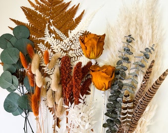 Terracotta + Pheasant Feather and Greenery Dried Flower Bunch, Flat Lay Flowers, DIY/ Wedding flowers/ Dried Flowers