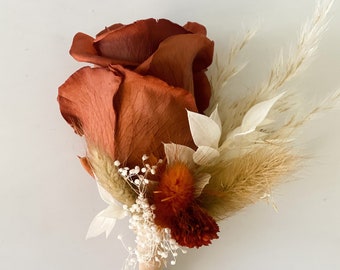 Rust Rose + Terracotta Boutonniere/ Wedding Flowers/ Groom and Groomsmen/ Dried Flowers