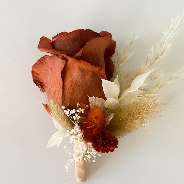 Rust Rose + Terracotta Boutonniere/ Wedding Flowers/ Groom and Groomsmen/ Dried Flowers