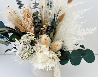 White + Eucalyptus Dried Flower Vase Arrangement / Centerpieces / Home Decor