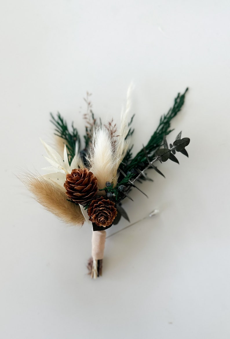 Juniper Pine Cone Boutonniere/ Wedding Flowers/ Groom and Groomsmen/ Dried Flowers image 1