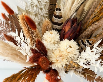 Terracotta + Rust Pheasant Feather Bouquet/ Bride and Bridesmaids/ Dried Flower Bouquet/ Wedding Flowers