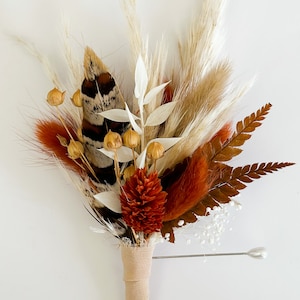 Terracotta Pheasant Feather Boutonniere/ Wedding Flowers/ Groom and Groomsmen/ Dried Flowers