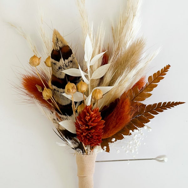 Terracotta Pheasant Feather Boutonniere/ Wedding Flowers/ Groom and Groomsmen/ Dried Flowers