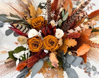 Terracotta, Burnt Orange + Pheasant Feather Dried Flower Bouquet/ Bride and Bridesmaids/ Dried Flower Bouquet/ Wedding Flowers