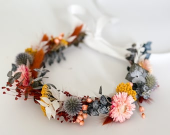 Colorful Strawflower + Eucalyptus Flower Crown/ Wedding Hair/ Bride and Bridesmaids/ Flower Girl/ Photoshoot