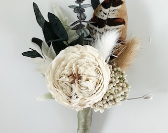 Garden Rose, Greenery, + Pheasant Feather Boutonniere/ Wedding Flowers/ Groom and Groomsmen/ Dried Flowers