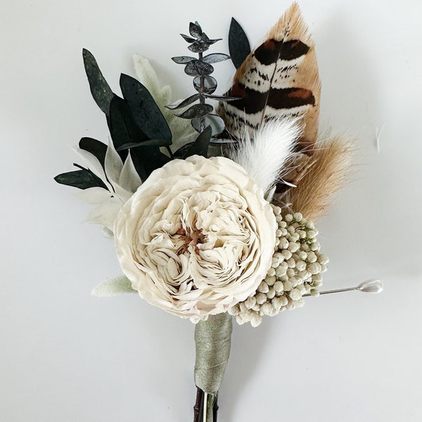 Garden Rose, Greenery, + Pheasant Feather Boutonniere/ Wedding Flowers/ Groom and Groomsmen/ Dried Flowers