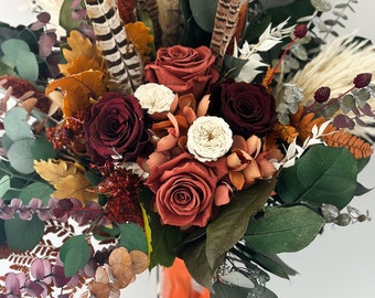 Burgundy + Terracotta Pheasant Feather Dried Flower Bouquet/ Bride and Bridesmaids/ Dried Flower Bouquet/ Wedding Flowers