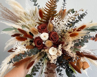 Rust, Terracotta + Olive Dried Flower Pampas Grass Bouquet/ Bride and Bridesmaids/ Dried Flower Bouquet/ Wedding Flowers