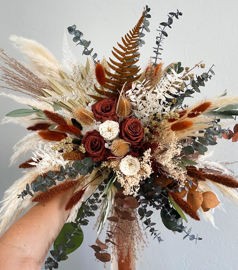 Rust, Terracotta Olive Dried Flower Pampas Grass Bouquet/ Bride and Bridesmaids/ Dried Flower Bouquet/ Wedding Flowers image 1