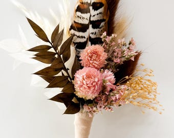 Brown + Blush Pheasant Feather Boutonniere/ Wedding Flowers/ Groom and Groomsmen/ Dried Flowers