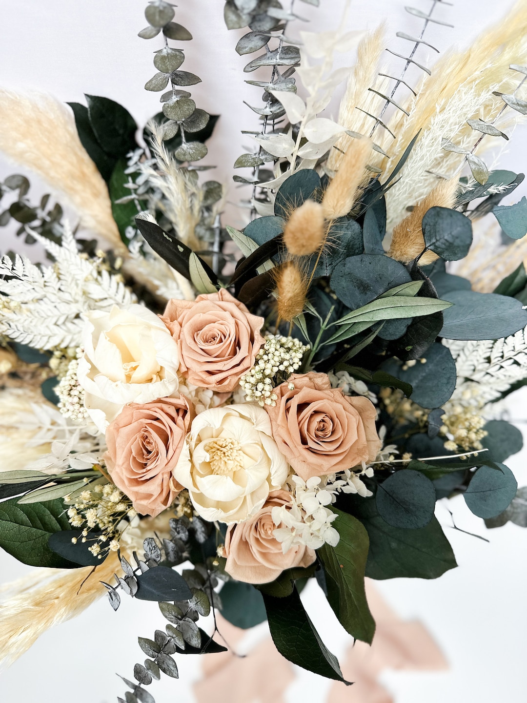 Nude Color Roses Nude Rose, Pampas Grass + Greenery Dried Floral Bouquet/ Wedding ...