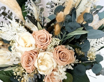 Dried Flower Bouquet, Nude Rose, Pampas Grass + Greenery Dried Floral Bouquet/ Wedding Flowers/ Bride and Bridesmaids Bouquets