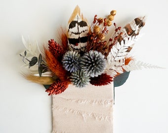 Pheasant feather, rust, dusty blue + Greenery Dried Flower Pocket Boutonniere/ Wedding Flowers/ Groom and Groomsmen/ Dried Flowers