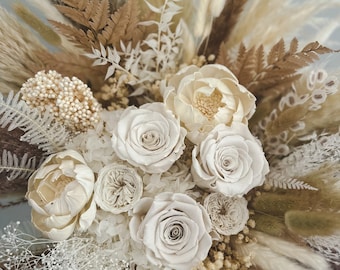 Cream + Tan Peony Dried Flower Pampas Grass Bouquet/ Bride and