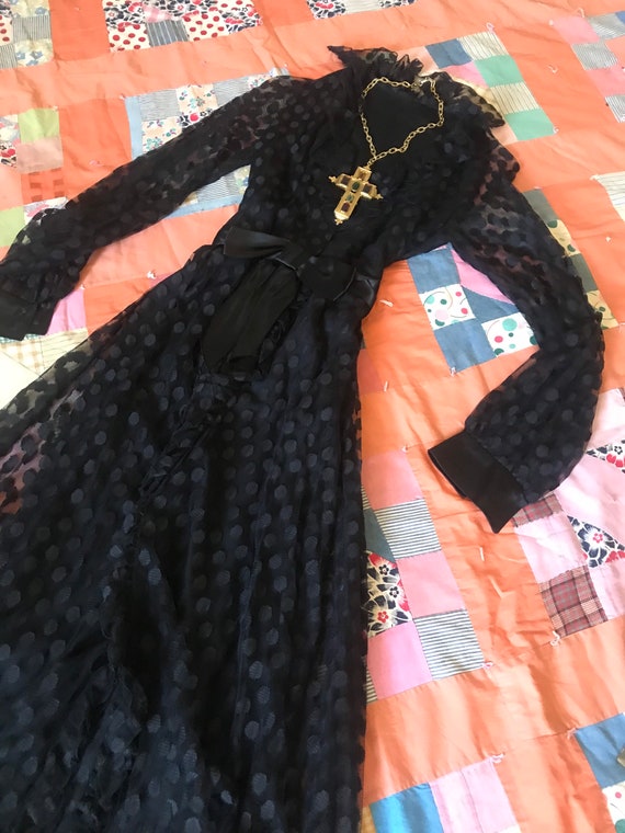 1970s Black Mesh + Ruffle Dress